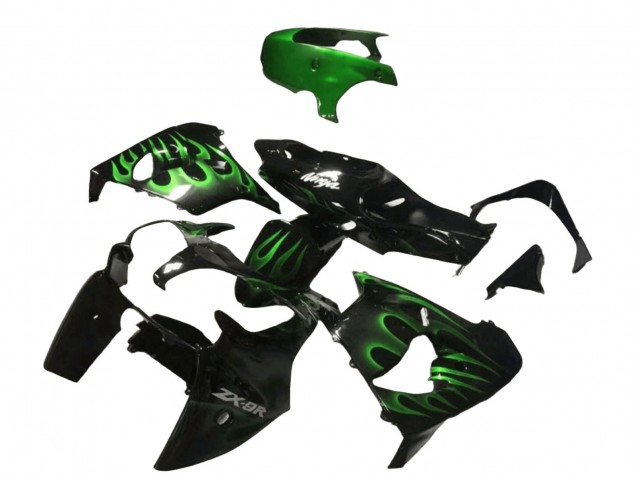 Carenados Moto Kawasaki ZX9R 2000-2001 - Negro Brillante Verde Llama