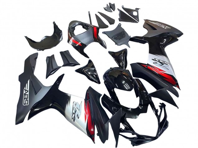 Carenados Moto Suzuki GSXR 600 / GSXR 750 2011-2024 - Negro Brillante Falsificado FibraCarbono Plata Rojo