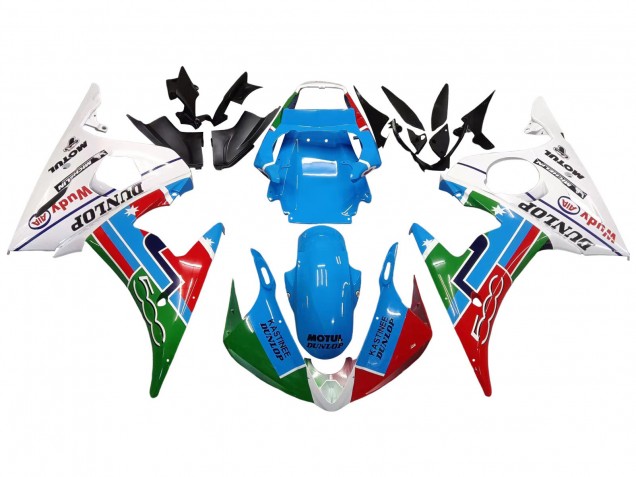 Carenados Moto Yamaha YZF 600 R6 2005 - Azul Claro Blanco Verde Rojo Kastinee Dunlop Motul