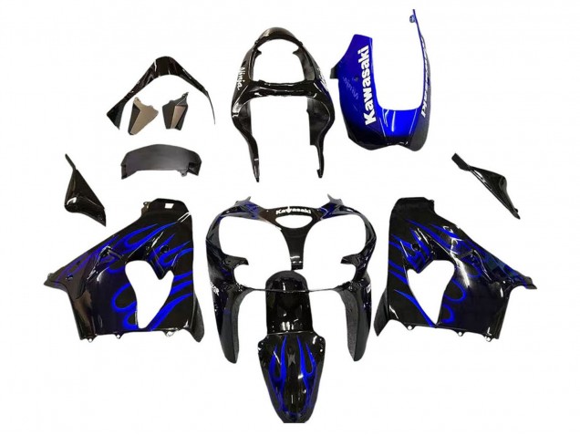 Carenados Moto Kawasaki ZX9R 2000-2001 - Negro Brillante Azul Llama Blanco