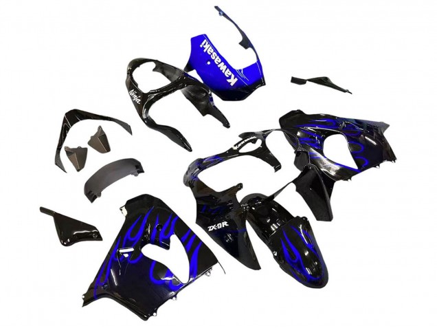 Carenados Moto Kawasaki ZX9R 2000-2001 - Negro Brillante Azul Llama Blanco